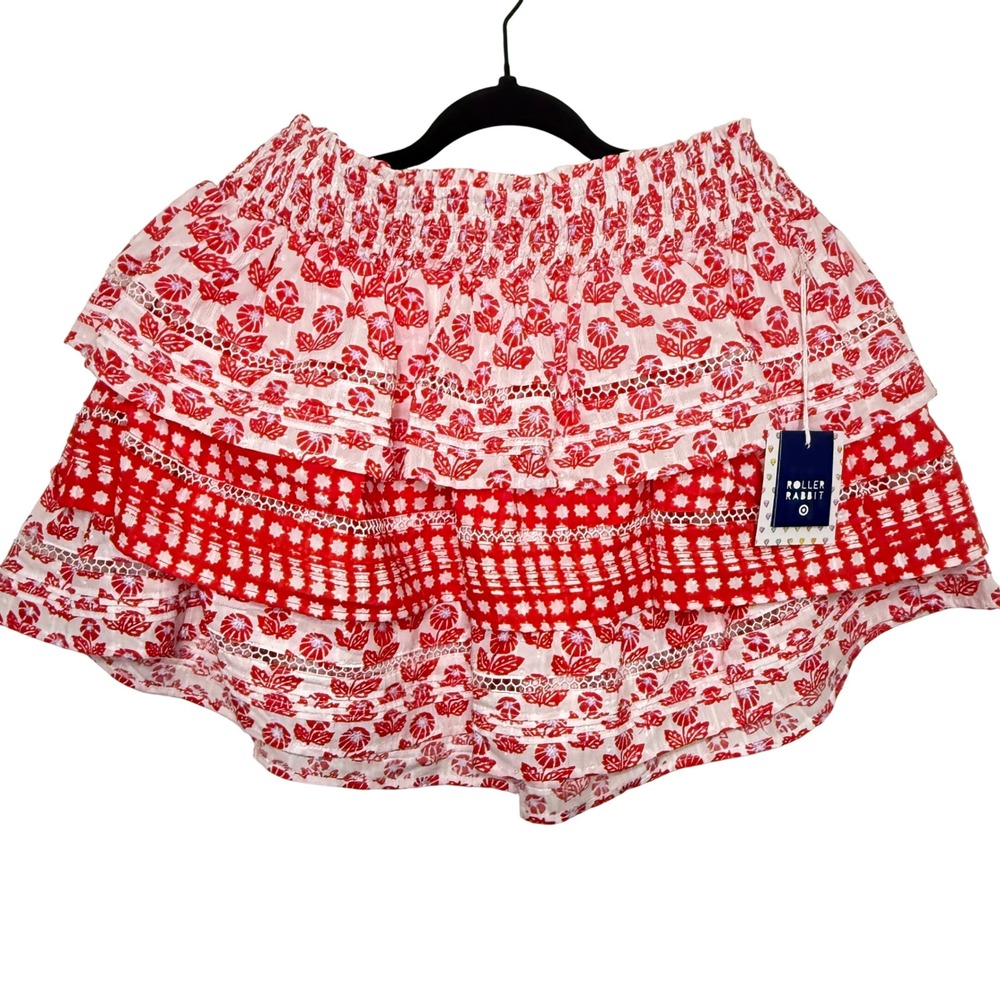 Roller Rabbit Ruffle Skirt Womens M Red NWT Floral Smocked Eyelet Tiered Mini